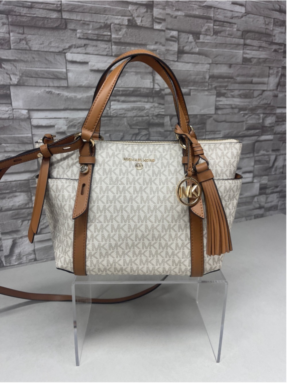 Michael Kors Sullivan TZ Tote Satchel Crossbody MK Signature Logo Vanilla/Acorn